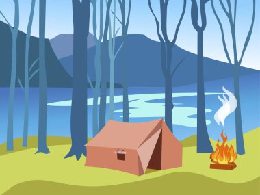 Camping. Tent in the forest, on the banks of the river. In minimalist style. Cartoon flat raster