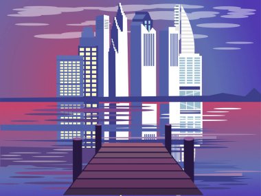 Marina with a view of the city, civilization. In minimalist style. Cartoon flat raster