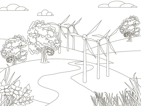Children picture, art. Wind generator standing in a park, field. In minimalist style. Cartoon flat raster coloring — 스톡 사진