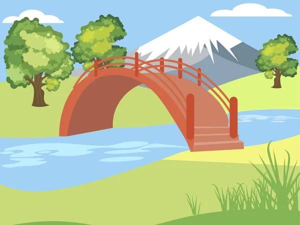 Jardín japonés, naturaleza, parque. Fondo de montaña. Brillante, niños dibujando, color. En estilo minimalista. Dibujos animados raster plano —  Fotos de Stock