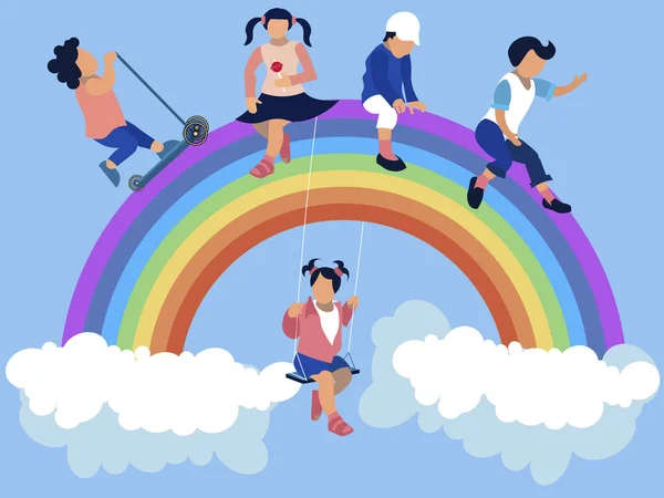 Kindergarten, children are sitting on a rainbow. In minimalist style Cartoon flat raster — 스톡 사진