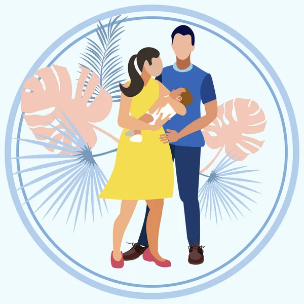 Discharging from maternity hospital. Young parents are holding a baby in their arms. In minimalist style. Cartoon flat raster — 图库照片