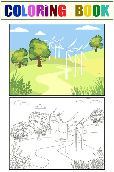 Children picture, art. Wind generator standing in a park, field. In minimalist style. Cartoon flat raster coloring — Stock fotografie