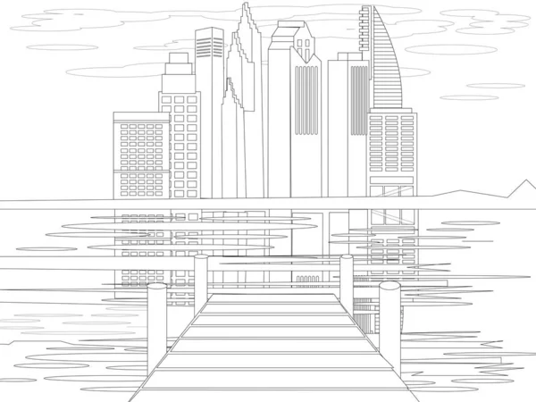 Marina com vista para a cidade, civilização. Desenho de livro a cores. Desenhos animados raster plana — Fotografia de Stock