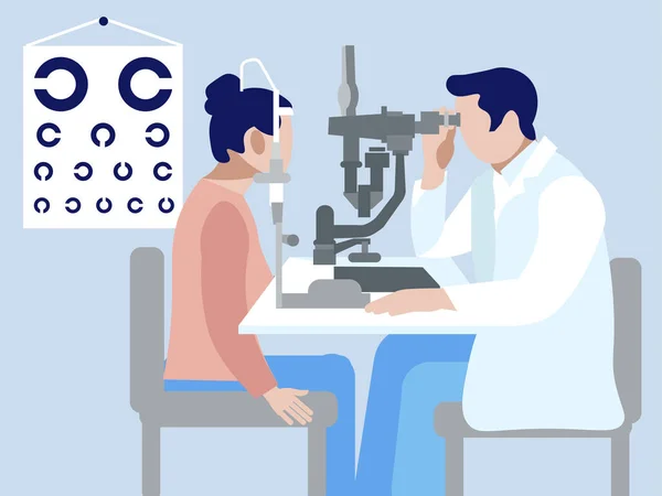 Donna all'appuntamento con un optometrista, esame visivo. In stile minimalista. Rastrelliere piatto cartone animato — Foto Stock