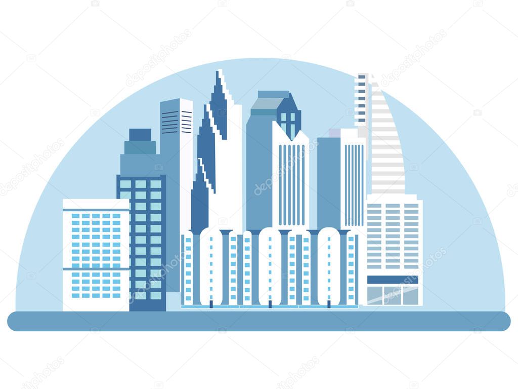 City, high rise buildings, streets. View of the attraction, logo. In minimalist style. Cartoon flat raster