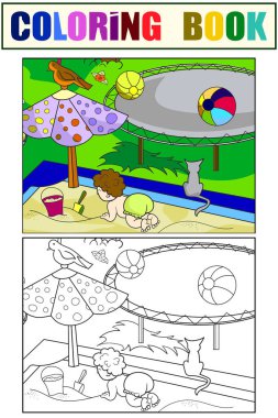 Bahçede, kum havuzunda oynayan bir çocuk. Çocukları boyama kitabı ve renk resmini ayarla.