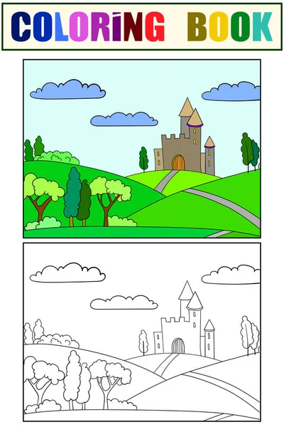 Libro da colorare per bambini e esempio di colore, set. Castello da favola all'orizzonte, natura . — Vettoriale Stock