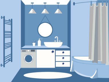 Banyonun içi, mavi renkte. Tasarım. Minimalist tarzda. Çizgi film düz raster.