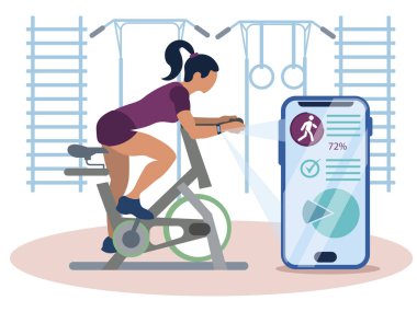 Spor aletleri. Bisiklet eğitmeni üzerinde egzersiz yapan ve performansını izlemek için mobil uygulama kullanan bir kadın. Spor ve eğlence sektörü. Minimalist tarzda. Çizgi film düz raster.