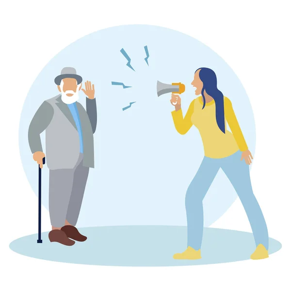 Mujer gritando en un megáfono. Hombre sordo, anciano. En estilo minimalista. Dibujos animados raster plano —  Fotos de Stock