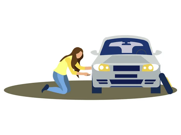 Een vrouw verandert het stuur van een auto. Bandendienst. In minimalistische stijl. Cartoon plat — Stockfoto