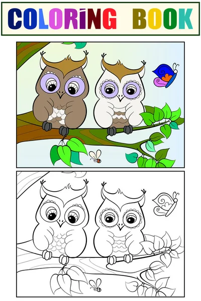 Dos búhos en una rama. Conjunto de niños arte para colorear libro y dibujo . — Vector de stock