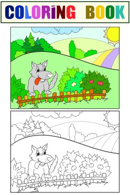 Komik bir kurt çitin üzerinden dışarı bakıyor. Boyama kitabı ve renk çizimi kümesi örneğin.
