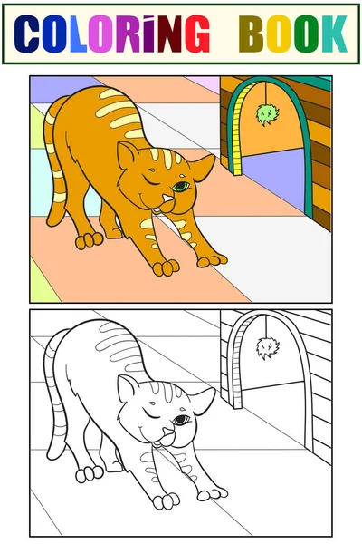 Κατοικίδιο, η γάτα τεντώνεται. Παιδιά χρωματισμός βιβλίο με ένα παράδειγμα του χρώματος. — Διανυσματικό Αρχείο