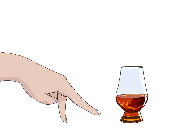 Weibliche Hand zeigt Geste mit ausgestreckten Fingern. Ein Glas Whisky in der Nase. Umrisssymbol isoliert auf weißem Hintergrund. Realistische Zeichnung. Raster — Stockfoto