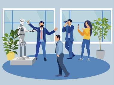 Yeni bir robotun sunumu. Teknoloji sergisi. Düz stil. Çizgi film raster