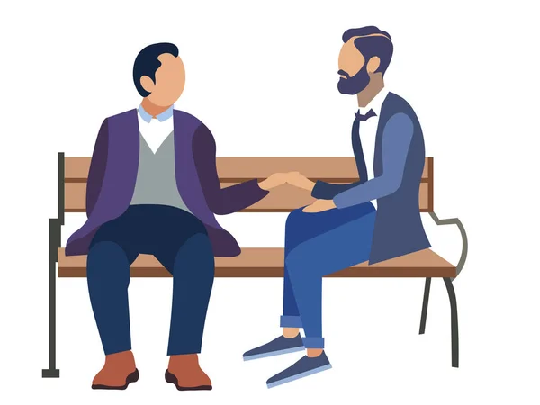 同性愛、ゲイ。2人の男性がロマンチックなベンチに座っています。フラットスタイル。漫画のラスター — ストック写真