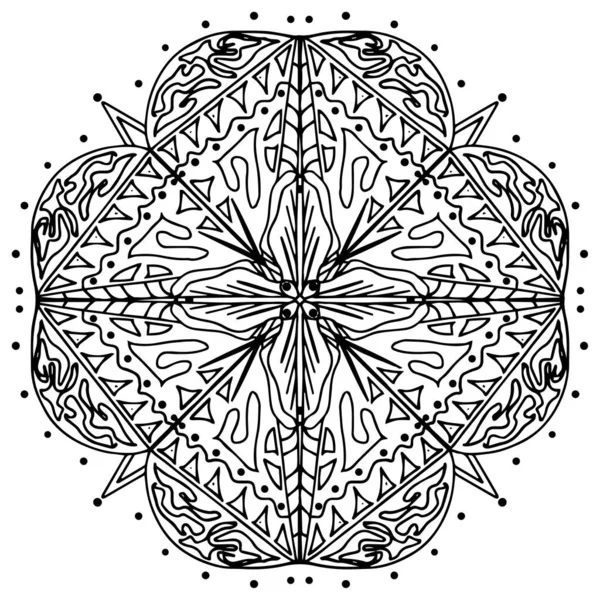 Mirror pattern, repeating lines. Star, flower or snowflake. Children coloring, drawing. Black and white snowflake. — Stock Photo, Image