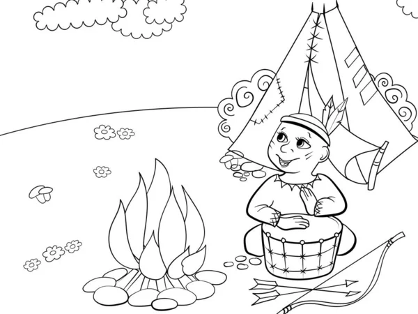 Bambini che disegnano, colorano. Scena teatrale, ragazzo interpreta il ruolo di indiano vicino al fuoco e wigwam. Raccoglitore di cartoni animati — Foto Stock