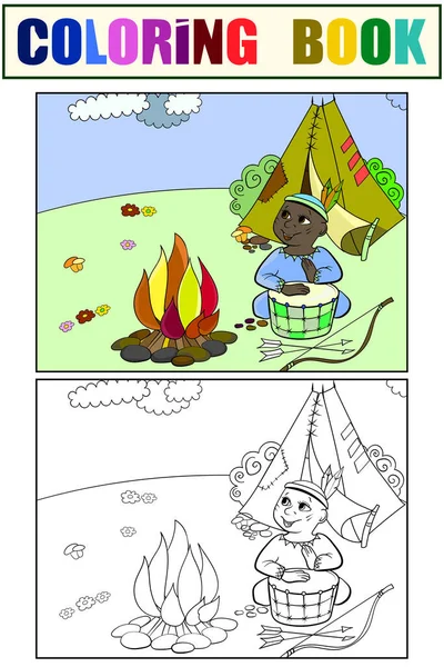 Niños dibujando, colorear y colorear. Escena de teatro, niño juega el papel de indio cerca de fuego y wigwam. Trama de dibujos animados — Foto de Stock