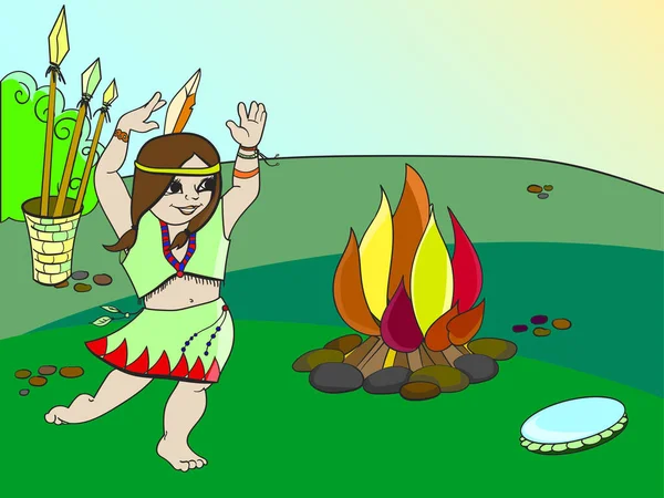 Девушка танцует у огня. Индианка в праздничном костюме. Растровый рисунок — стоковое фото