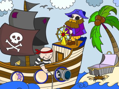 Gemide deniz korsanları var. Dümende geminin kaptanı. Çocukların resmi. Raster.