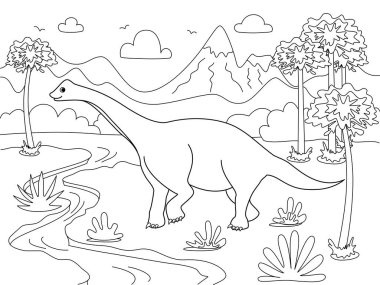 Diplodocus Hayvan. Çocuk boyama. Siyah çizgiler, beyaz arka plan. Çizgi film raster