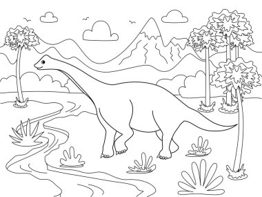 Diplodocus Animal. Children coloring. Black lines, white background. Cartoon raster clipart