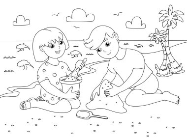Çocuklar kumsalda oynarlar. Denizde tatil. Çocuk boyama. Siyah çizgiler, beyaz arka plan. Çizgi film raster