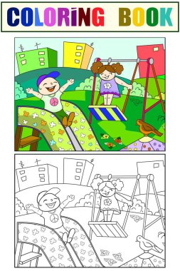 Oyun alanı, bahçede oynayan çocuklar. Çocukları boyama kitabı ve renkli resim ayarla. Görüntü