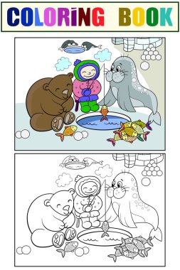 Eskimo çocuk hayvanlarla balık tutuyor. Çocukları boyama kitabı ve renk resmini ayarla.