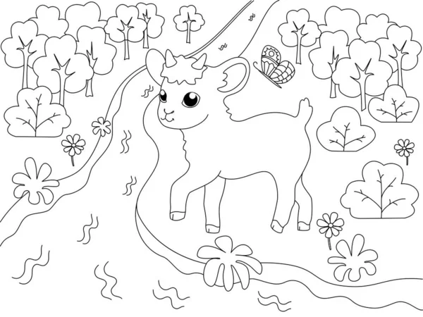 Libro para colorear para niños, animal de granja. Cabra en la orilla del río, prado. Caricatura de trama — Foto de Stock