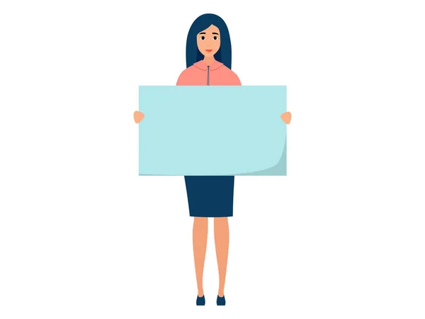 Empleada de la oficina, una mujer sosteniendo un cartel en blanco frente a él. En estilo minimalista. Dibujos animados raster plano — Foto de Stock