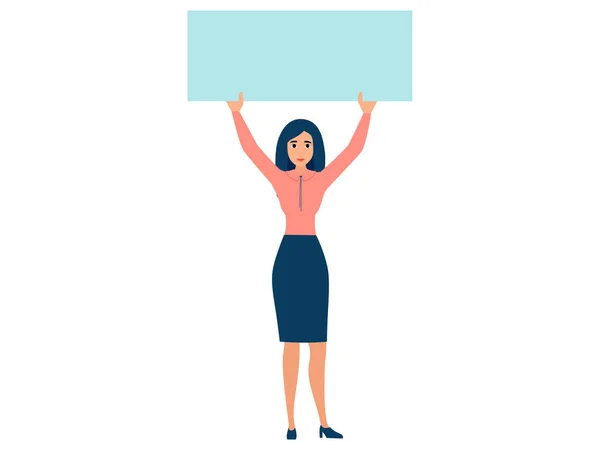Trabajadora de oficina, mujer con póster en blanco. En estilo minimalista. Dibujos animados raster plano —  Fotos de Stock