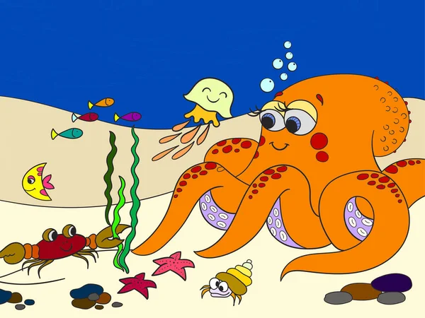 Helder, kleurrijk patroon. De zeebodem met zijn bewoners. Vis met octopus. Cartoon platte raster — Stockfoto