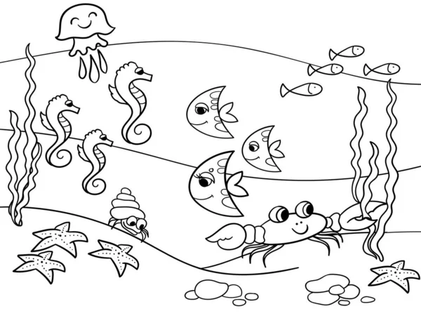 El mundo submarino, el fondo marino con sus habitantes. Dibujos animados raster para colorear — Foto de Stock