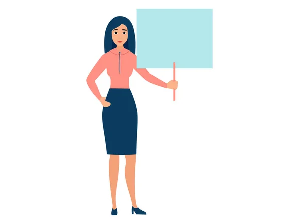 Büroangestellte, Frau mit leerem Plakat in der Nähe. Im minimalistischen Stil. Cartoon-Flachraster — Stockfoto