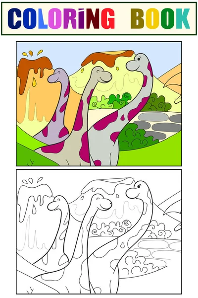 Tres dinosaurios amigos están caminando. Libro para colorear para niños y color, conjunto. Raster. — Foto de Stock