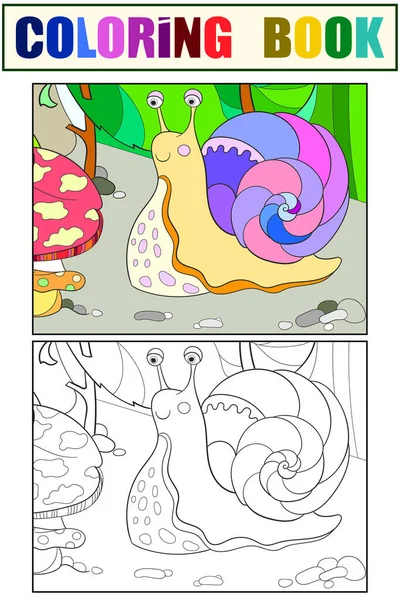 Snail in the grass. Children coloring book and drawing coloring book, example.