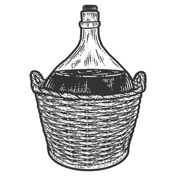 Wijnfles in een beschermende rieten mand. Apparel print ontwerp. Krasplank imitatie. Zwart en wit met de hand getekend afbeelding. — Stockvector