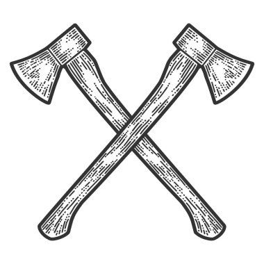 Çapraz baltalar oyması. Giysi baskısı tasarımı. Çizik tahtası taklidi. Siyah beyaz el çizimi resim.