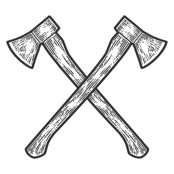 Crossed axes engraving. Apparel print design. Scratch board imitation. Black and white hand drawn image. — Stock Vector