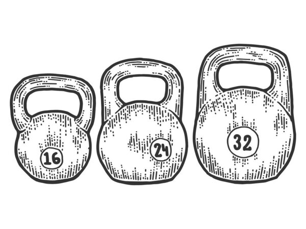 Set of weights for a sports club. Scratch board imitation. Black and white hand drawn image.