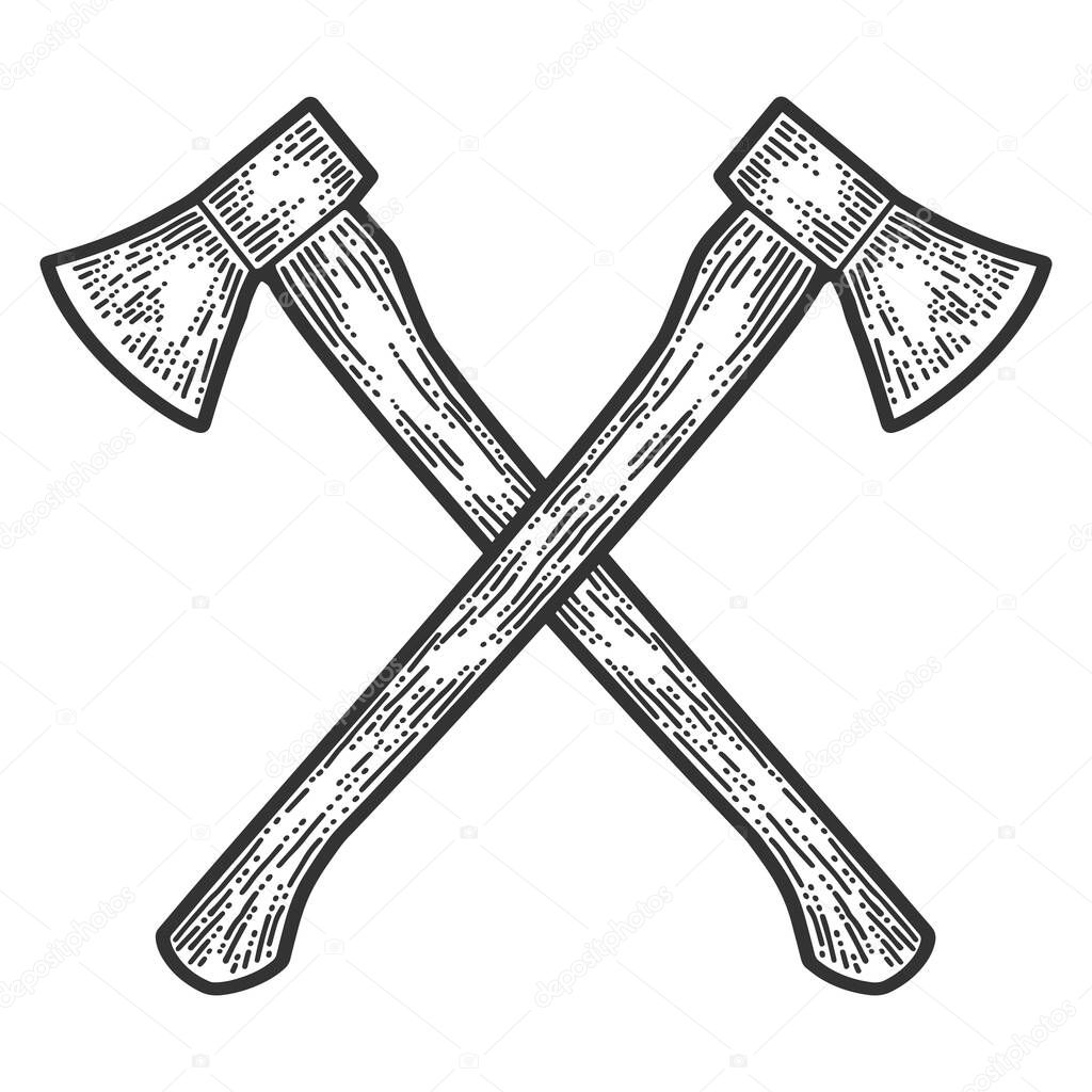 Crossed axes engraving. Apparel print design. Scratch board imitation. Black and white hand drawn image.