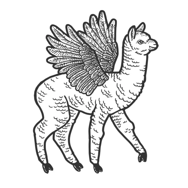 Милая лама с крыльями. Имитация Доски Царапин. Черно-белое изображение . — стоковый вектор