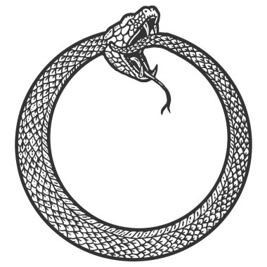 Uroboro 'lar, bir halkada dolanmış yılan, kuyruğunu ısırıyor. Çizik tahtası taklidi. Siyah beyaz el çizimi resim.