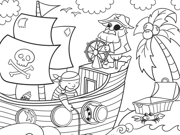 Coloring book sea pirates on the ship. The captain of the ship at the helm. Children picture. Raster — Stock Photo, Image