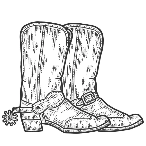 Para kowbojskich butów, szkic. Imitacja deski do drapania. Czarno-biały ręcznie rysowany obraz. — Zdjęcie stockowe