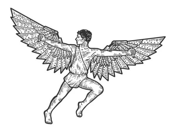 Icarus, a guy with steel wings. Apparel print design. Scratch board imitation. Black and white hand drawn image. — Stock Photo, Image